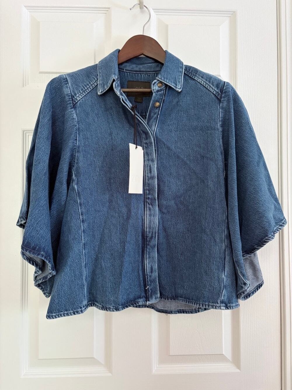 Zara Denim Puff Sleeve Button Front Shirt Jacket Overshirt Blue Large NWT